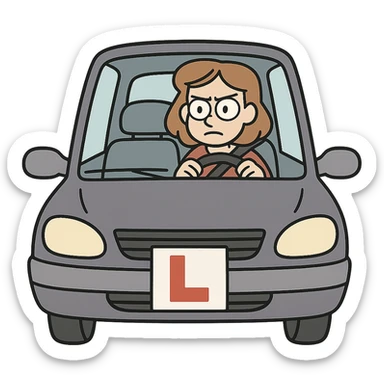car with learner driver, L-plate on the front, driver looking focused, cartoon style sticker
