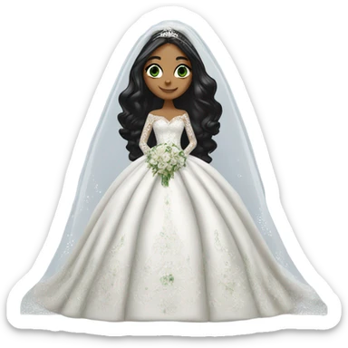 Hyper Realistic ornate ballgown long sleeve Wedding dress with diamanté on bride with green eyes and long black hair with veil sticker