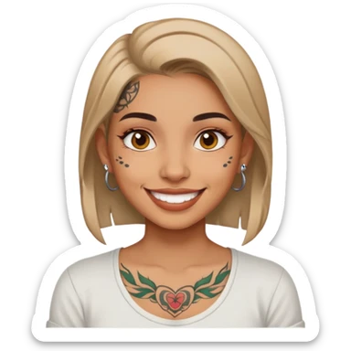 girl with face tattoos, smiling, wearing a shirt sticker