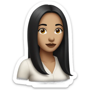 A beautiful woman with big lips, brown slanted eyes, long black straight hair and a small nose sticker