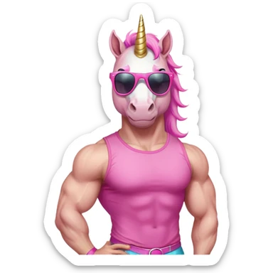friendly anthropomorphised masculine unicorn with horse-like face, muscular bodybuilder build, in tutu and pink t-shirt, wearing dark sunglasses, standard pose, close-crop head and shoulders portrait sticker