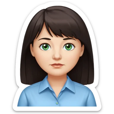 50 yr old woman, blue green eyes, long straight dark brown hair, business shirt, chubby, bangs sticker