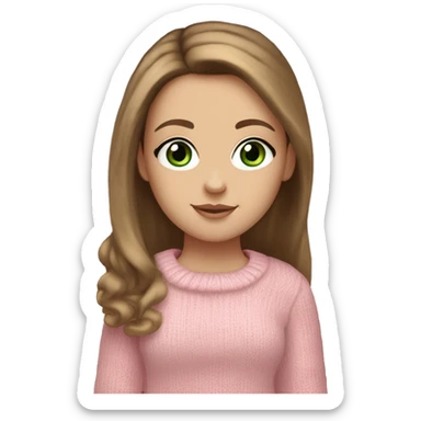 White girl with long mid brown hair and long beautiful eyelashes, green eyes, wearing a light pink sweater, light blue jeans, earmuffs, ugg boot shoes and carrying a pink bag sticker