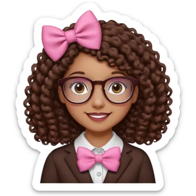medium-lightskin girl with medium length chocolate brown side part curly hair, pink and white bow on the side, with brown glasses, brown eyes, noes piercing sticker