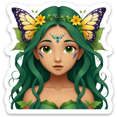 Cinematic Realistic Forest Fairy Portrait, depicted with lifelike, sun-kissed tanned skin that radiates an earthy glow, softly illuminated by natural, dappled light. Her long, flowing dark green hair is intricately detailed and interwoven with delicate vines and wildflowers, while her deep, soulful eyes mirror the wisdom of the forest. Dressed in an attire inspired by nature’s palette—with subtle botanical motifs—the portrait exudes a soft, enchanted glow that melds realism with woodland magic showing her large butterfly wings from her back. sticker