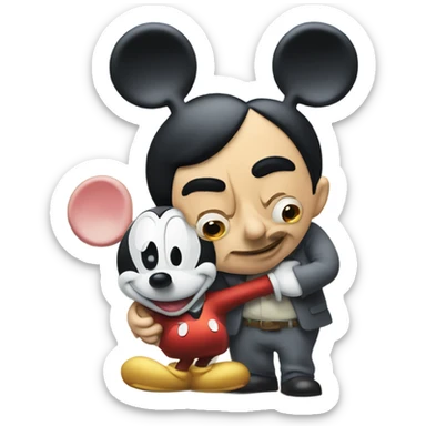 mr bean hugging with mickey mouse sticker
