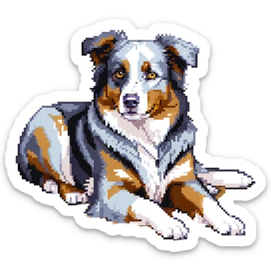Merle Australian Shepherd dog laying down, blue merle coat, relaxed sticker