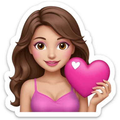 girl with long wavy brown hair, brown eyes, long lashes makeup, sexy pink lips, light to medium complexion, wearing a pink sexy top, smiling, holding a big heart sticker