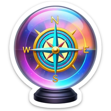 A glowing holographic compass with vibrant neon colors inside a crystal-clear sphere sticker