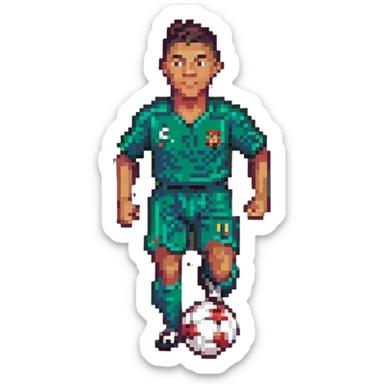 Cristiano Ronaldo, pixel art, simplified details, football kit, running with ball, retro game vibe sticker