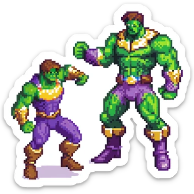 Hulk vs Thanos battle scene, green muscular superhero fighting purple villain with Infinity Gauntlet, action poses sticker