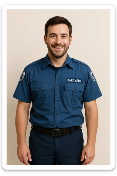 male paramedic in a blue uniform, standing, friendly expression, simple background sticker