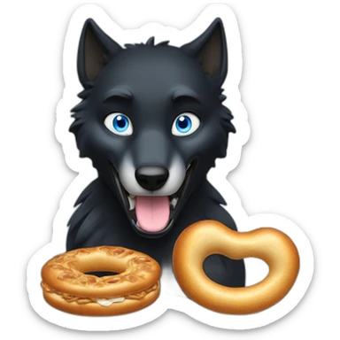 a full black wolf with blue eyes eating a bretzel sticker