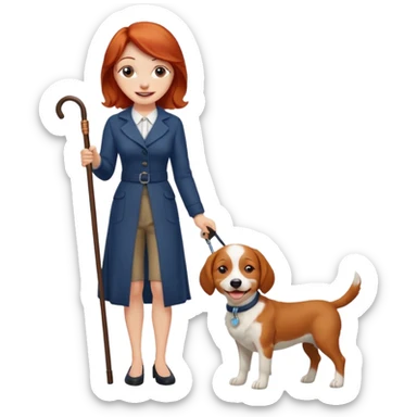 Red headed woman with a cane and a dog sticker