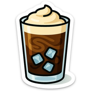 realistic icon of greek freddo espresso in transparent glass with swirling coffee, ice, creamy top, subtle shadow sticker