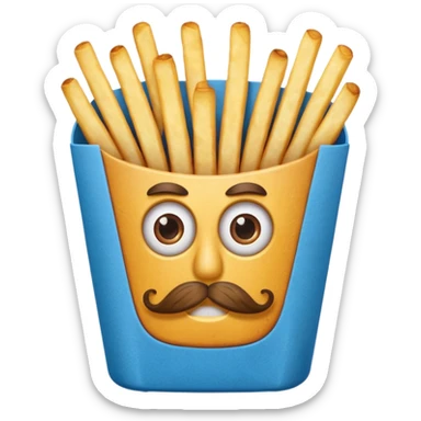 long slim crispy fries in a blue carton, carton has eyes and mustache sticker