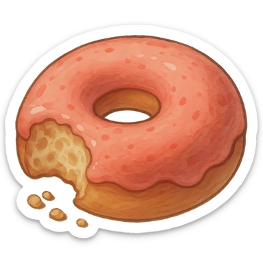 Bitten donut in Ghibli style, detailed, soft red colors, with no background sticker