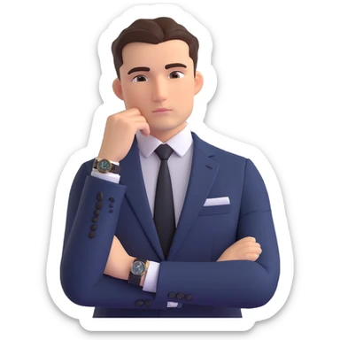 front-facing emoji-style illustration of a thoughtful businessman from the waist up, wearing a sharp suit, hand under chin, gazing slightly to the side, luxury watch visible on wrist, expression of curiosity and contemplation, clean background sticker