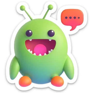 Retro game mascot — like a Tamagotchi-style AI creature, round and colorful with a speech bubble. sticker