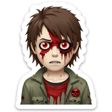 Boy, zombie, brown hair, medium long and wavy, emo, shaggy, dark, spooky, creepy expression sticker