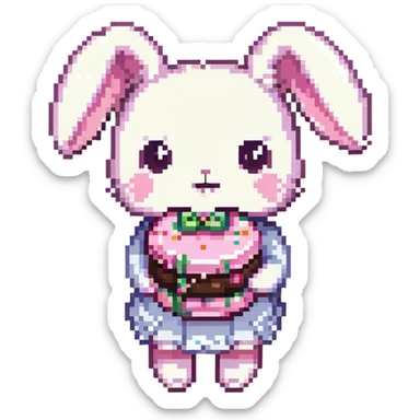 chibi bunny holding a giant macaron, soft pink background, pastel dessert theme, adorable illustration sticker