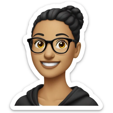 woman-black hair-bun-with glasses hoodie smile sticker