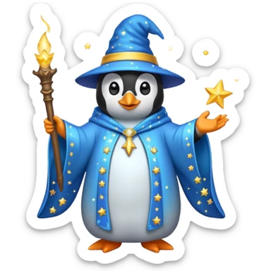 penguin wizard casting a spell, with sparkles and a starry robe, emoji style sticker