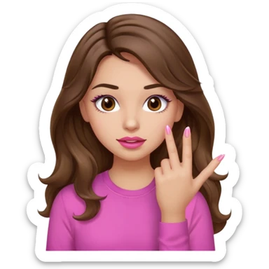 girl with long wavy brown hair, brown eyes, light to medium complexion, in a pink shirt, pink lips, long lashes, puckered lips,  showing  finger nails sticker