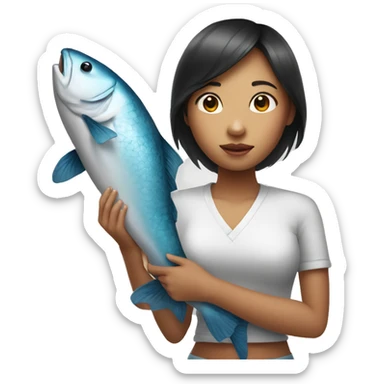 a asia skin girl is holding a big fish sticker