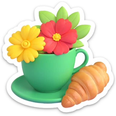 A green cup of coffee with a flower on top and a green bow, next to a croissant, in a warm, cozy setting. sticker