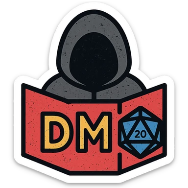 minimalist icon representing Dungeon Master for DnD TTRPGs with DM screen, dice, or hooded figure, worn distressed look sticker