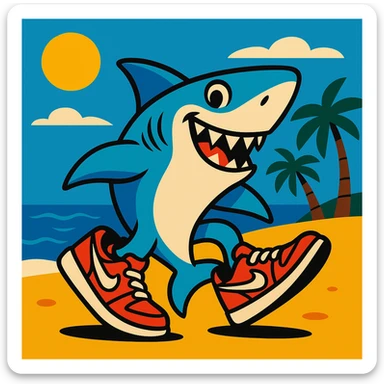 shark with Nike shoes, sunny beach background, vibrant style sticker