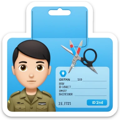 black Scissors cutting a light blue idf soldier ID card in 2 parts .hyper realistic sticker
