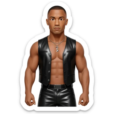Dwayne Johnson with brown eyes, black short hair, black metallic vest, black metallic baggy pants, shirtless with necklace sticker