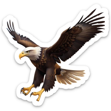 cinematic-eagle-realistic-full-body-soaring-emoji,-massive-wings-spread-wide-against-the-open-sky,-sharp-beak-curved-and-powerful,-piercing-golden-eyes-scanning-the-land-below,-strong-feathered-legs-tucked-tight,-dark-brown-feathers-contrasting-against-the-clouds,-simplified-yet-realistic-focused-features,-highly-detailed,-glowing-with-a-regal-majestic-glow sticker