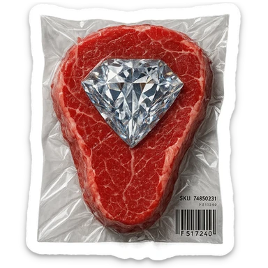 meat steak with sparkling diamond facets, glossy and puffy, vacuum-sealed style sticker