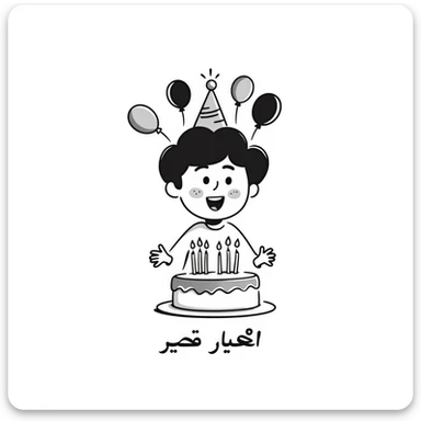 A cute little boy smiling with a birthday cake with candles and birthday decorations like balloons and party hats. At the bottom write in Persian text: "امیدرضاجان تولدت مبارک" sticker