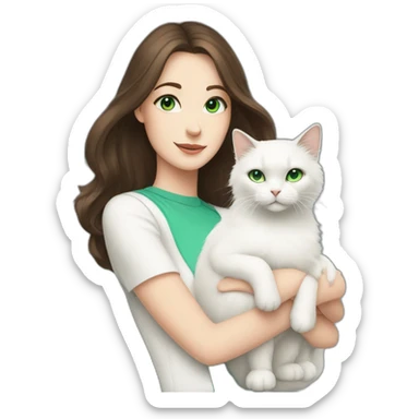 brunette with blue eyes holds a white fluffy cat with green eyes sticker