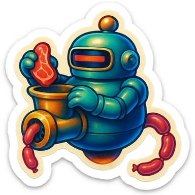 a robot that uses arms to put meat in large hole on top. sausage links come out robots rear. no legs on robot. robot hovers. robot feeds itself meat sticker