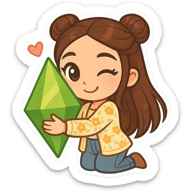Create a chibi sticker of the girl from the reference image. She has brown straight hair styled in double buns, brown eyes, wearing a pastel floral cardigan and jeans. The pose is being flirty and hugging a plumbob. The sticker should have a white outline and a transparent background, 512x512px. sticker