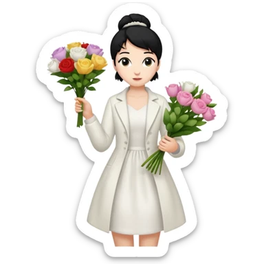 Chica blanca,cuerpo entero, vestido fiesta blanco ,manga larga ,con abrigo blanco ,pelo negro,    ramo de flores una mano, pelo recogido en moño alto sticker