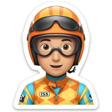 horse race jockey portrait, head and shoulders only, bright patterned racing uniform, helmet and goggles, energetic expression, 3D cartoon, mobile game icon style, clean background, no text, no watermark
 sticker