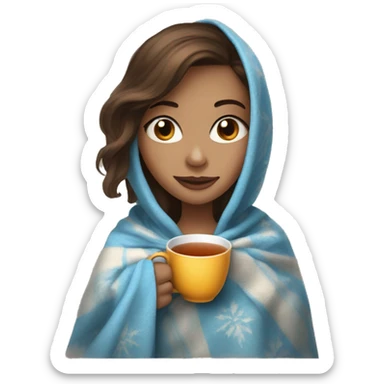 Girl with brown hair, light skin and blue eyes drink a hot tea with a blanket sticker