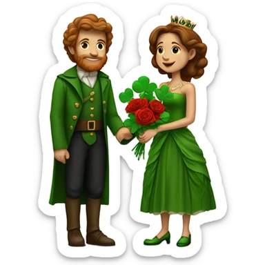 A little leprechaun giving red roses and clovers to a much taller brown haired queen sticker