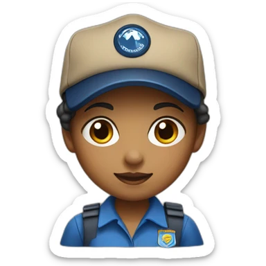 Scout girl with blue shirt and dark blue skirt and a cap sticker