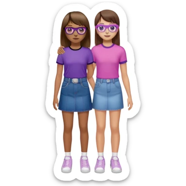 Chica blanca de pelo castaño con un flequillo unas unas gafas transparentes negras y rosadas con una blusa morada y una falda de mezclilla con tenis blancos dando la mano a chico blanco de pelo castaño con una camisa morada y un pantalón de mezclilla y unos tenis blancos  sticker