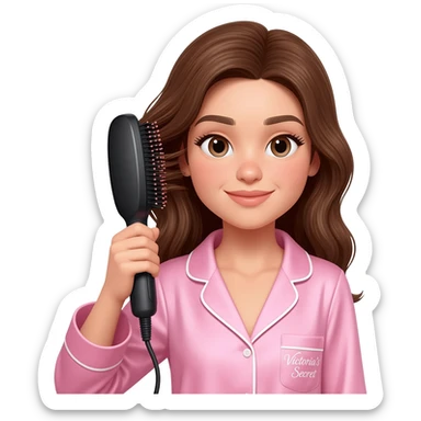 Girl in Victoria's Secret pajamas using a styling brush on her hair. sticker