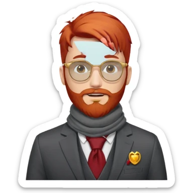gray scarf, male,  beard, red hair, with suit, gold glasses sticker