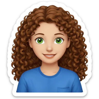 girl with brown hair, green eyes with a blue shirt no background ,young with curly hair smileing long hair sticker