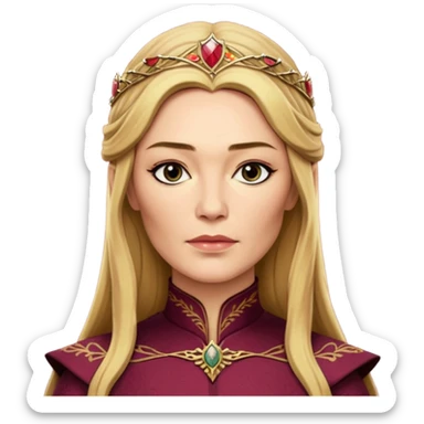 Cinematic Realistic Cersei Lannister Portrait, depicted with lifelike skin texture, subtle rosy undertones, and soft natural lighting that enhances the gentle contours of her face. Her intricately detailed golden blonde hair is elegantly styled , sticker